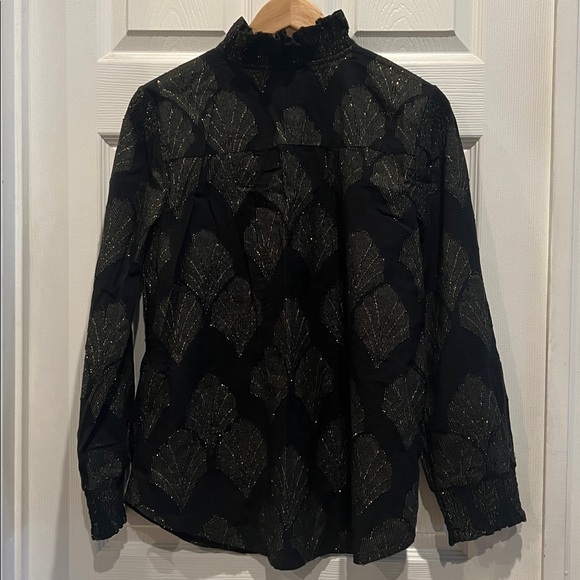 CHICOS Ruffled Black and Gold Button Front Top - Picture 6 of 8